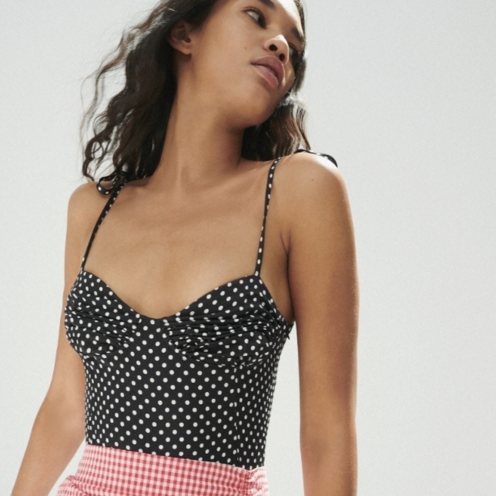 Zara polka dot print satin effect bodysuit black white XL T9
